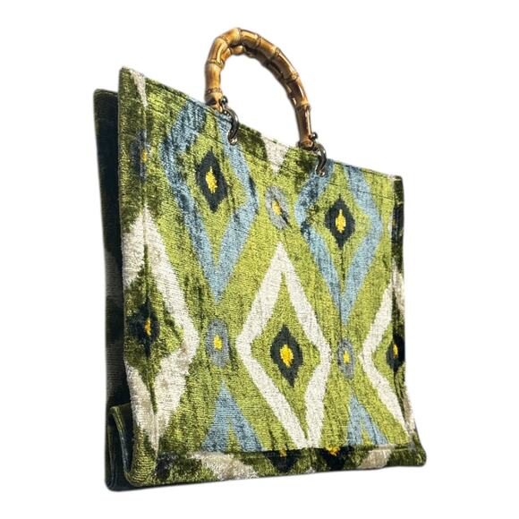 AYCA DESIGN IKAT WOMENS SILK AND VELVET PURSE BAMBOO TOP HANDLE TOTE BAG BOHO - Picture 7 of 7